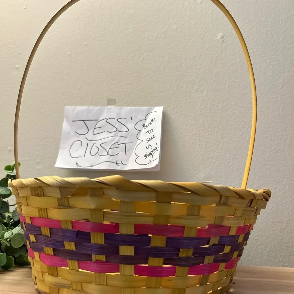 Colorful Handwoven Basket with Handle — Yellow, Purple & Pink